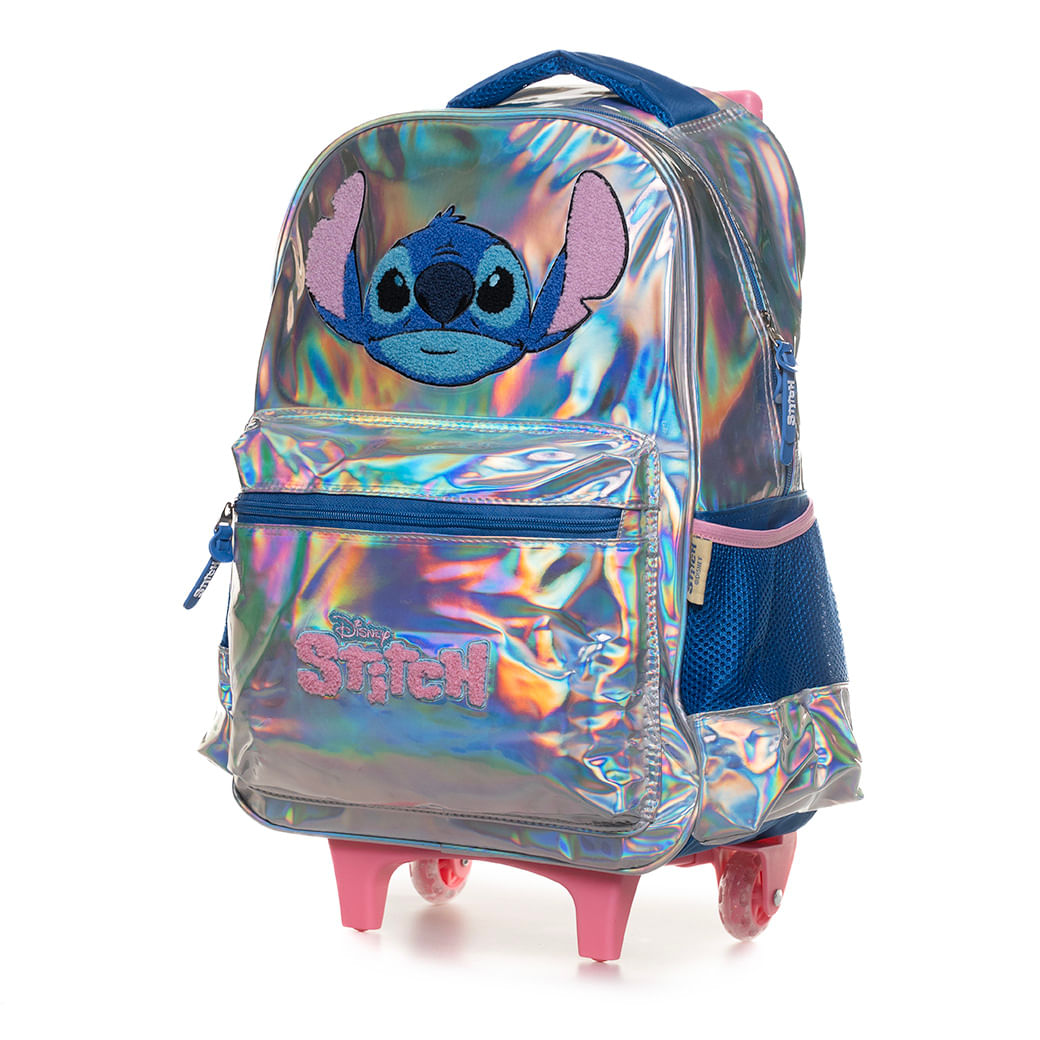 Mochila infantil Luxcel Stitch holográfica prata com rodinhas e bolso frontal